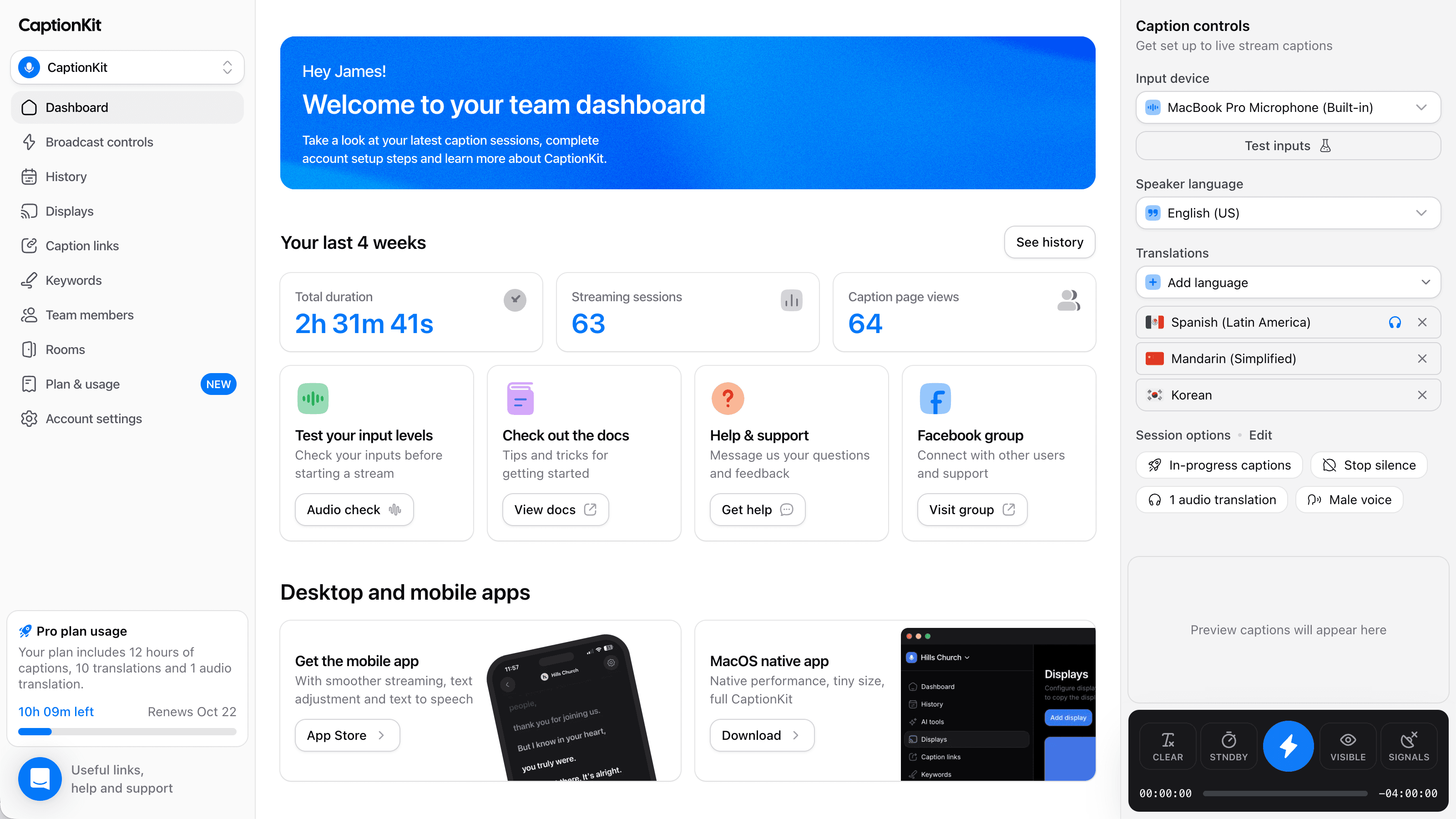The CaptionKit dashboard, translating into Spanish, Mandarin and Korean