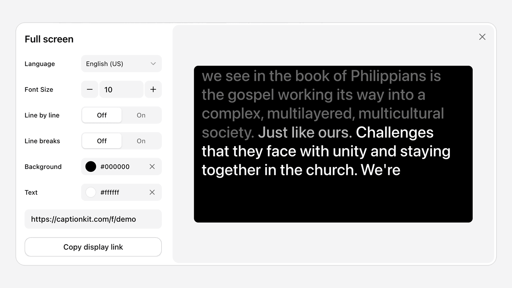 Full screen display settings with background and text color pickers, next to a preview of white captions on black